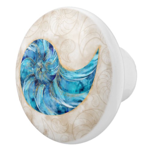 Nautilus Shell Blue watercolor Ceramic Knob