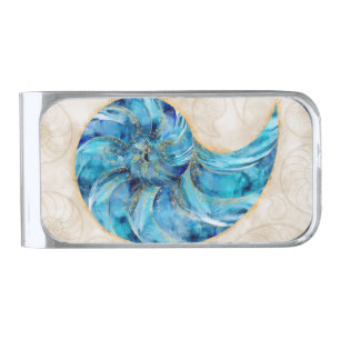 Nautilus Shell Blue watercolor Silver Finish Money Clip