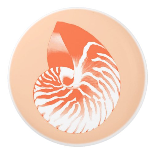 Nautilus shell _ coral orange and white ceramic knob