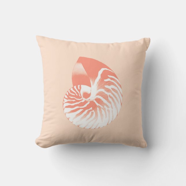 Nautilus shell - coral orange and white throw pillow (Front)
