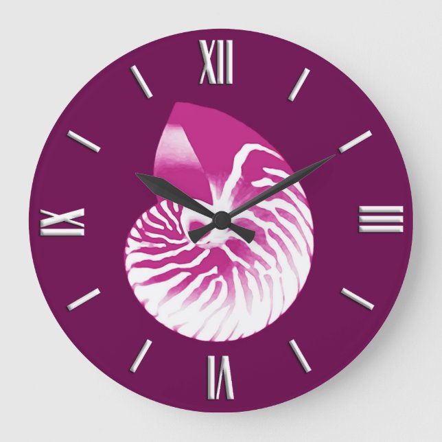 Nautilus shell - eggplant purple and white large clock (Front)