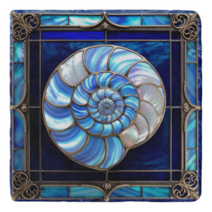 Nautilus Shell in Blue Stained-Glass Look Trivet