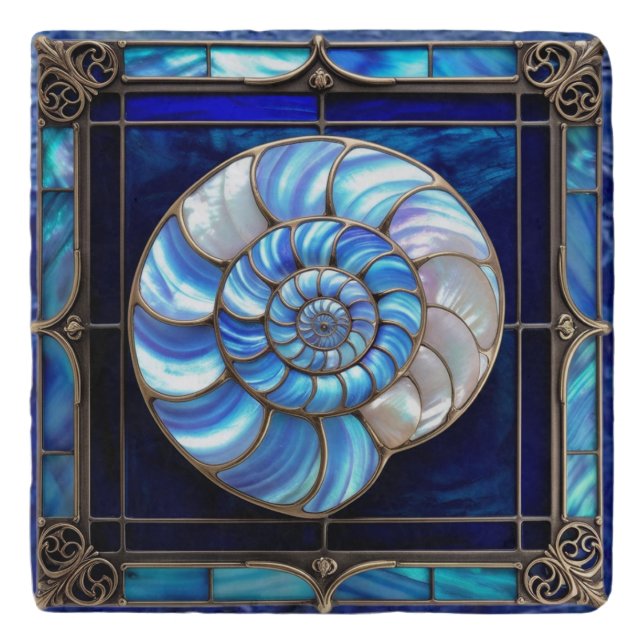 Nautilus Shell in Blue Stained-Glass Look Trivet (Front)