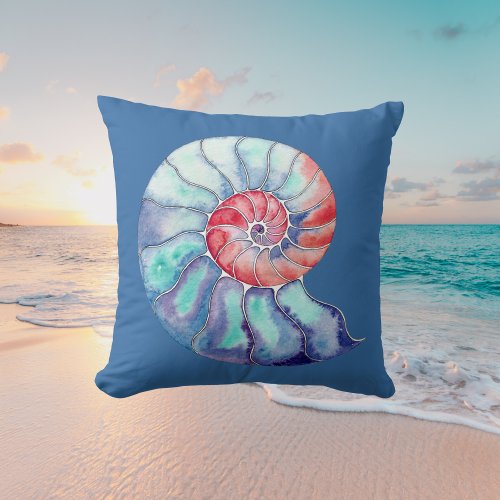 Nautilus Shell in Coral Blue and Gray on Blue Throw Pillow