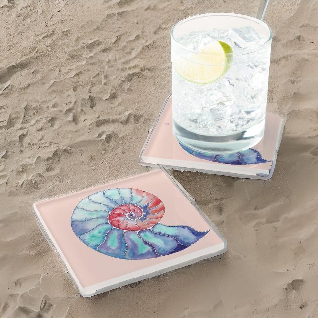 Nautilus Shell in Coral Blue Gray on Light Peach Glass Coaster (Creator Uploaded)