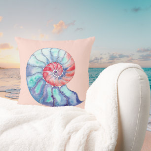 Nautilus Shell in Coral Blue Gray on Light Peach Throw Pillow