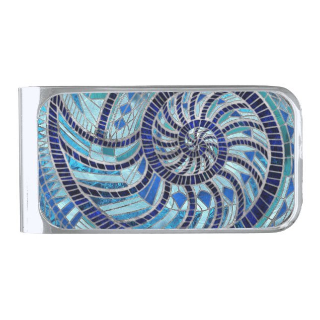 Nautilus Shell mosaic art Silver Finish Money Clip (Front)