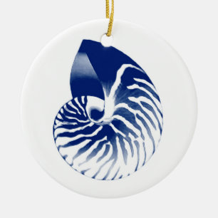 Nautilus shell - navy blue and white ceramic ornament