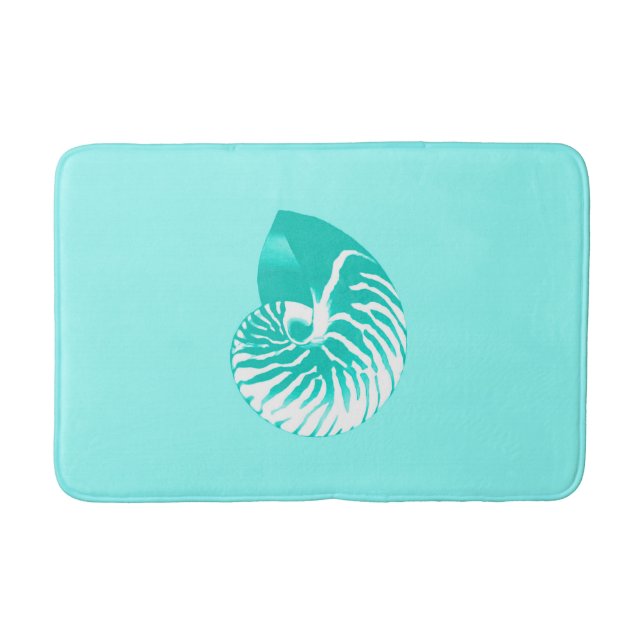 Nautilus shell - turquoise, aqua and white bathroom mat (Front)