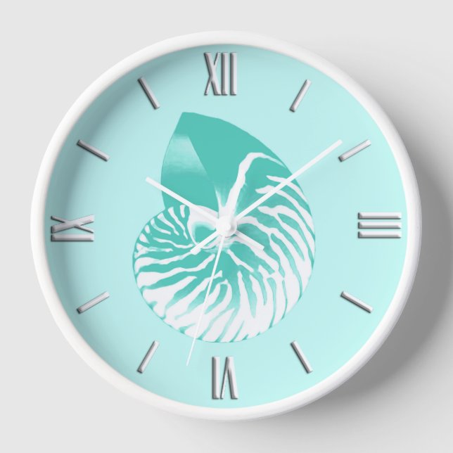 Nautilus shell - turquoise, aqua and white clock (Front)