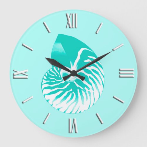 Nautilus shell _ turquoise aqua and white large clock