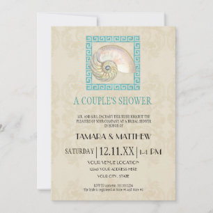 Nautilus Shell Watercolor Greek Key Damask Beach Invitation