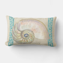 Nautilus Shell Watercolor Greek Key Damask Beach Lumbar Pillow