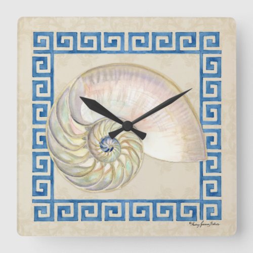 Nautilus Shell Watercolor Greek Key Damask Beach Square Wall Clock