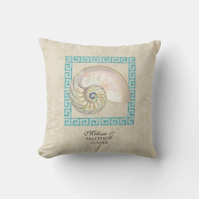 Nautilus Shell Watercolor Greek Key Damask Beach Throw Pillow (Front)