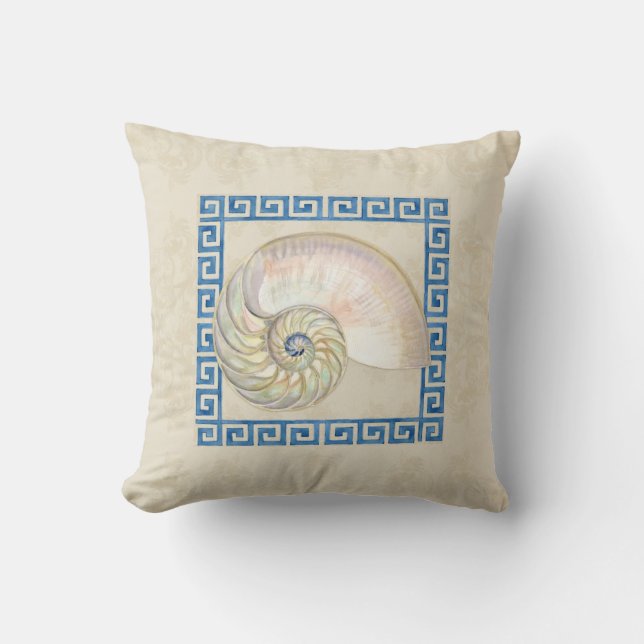 Nautilus Shell Watercolor Greek Key Damask Beach Throw Pillow (Front)