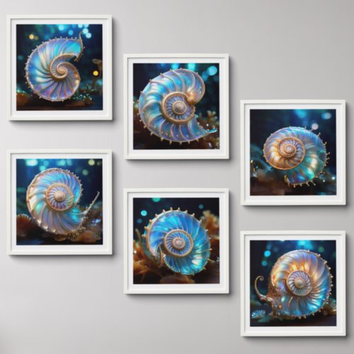 Nautilus shells iridescent blue beach cottage wall peel and stick photo tile