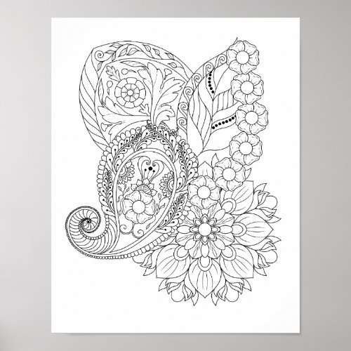 Nautilus Spiral Flowers Leaves Mandala Coloring Poster