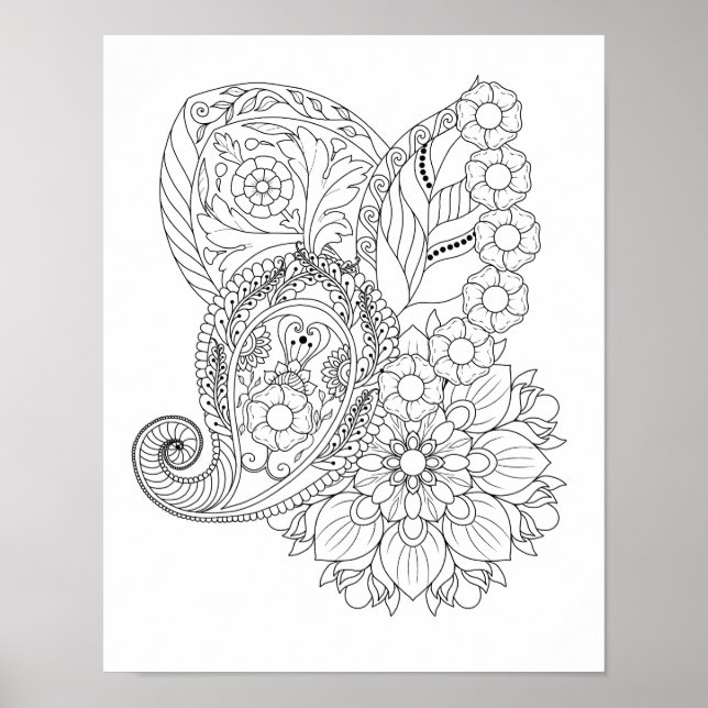 Nautilus Spiral Flowers Leaves Mandala Coloring Poster (Front)