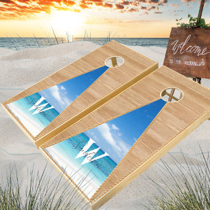 Nautucal Rustic Wood Tone Beach Family Name Cornhole Set