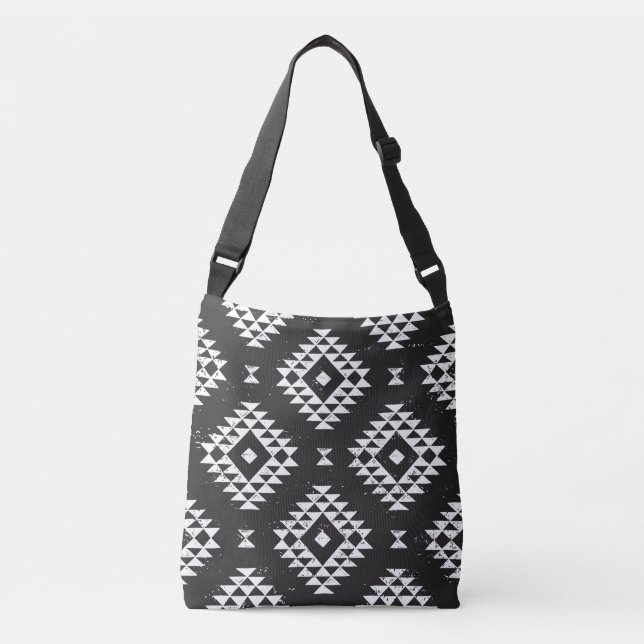 Navajo Geometric: Black White Tribal. Crossbody Bag (Front)