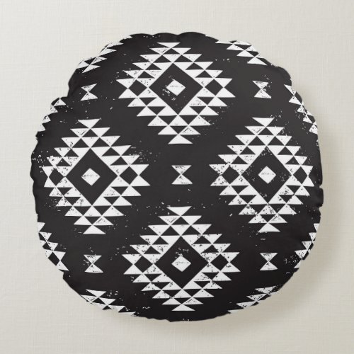 Navajo Geometric Black White Tribal Round Pillow