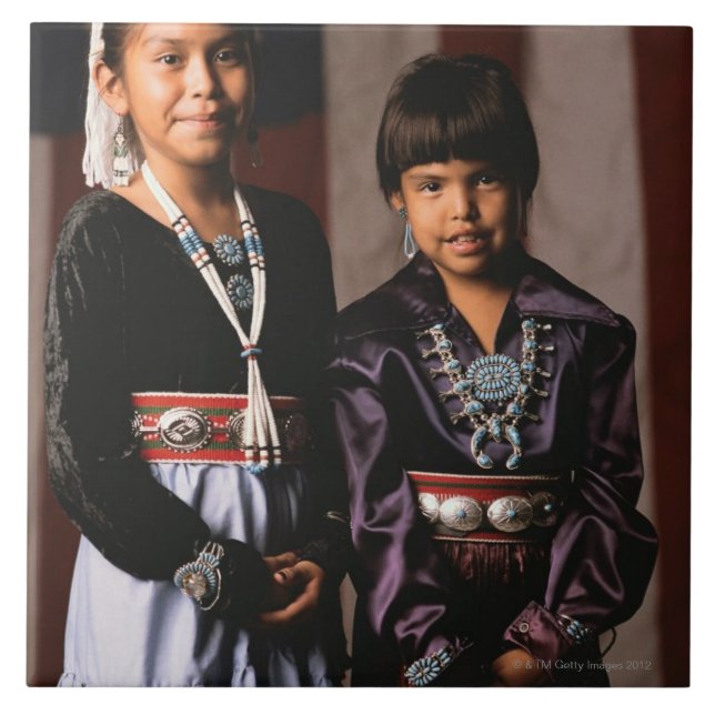 Navajo Girls in Front of Flag Tile (Front)