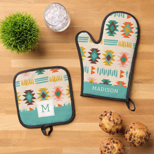 Navajo Native American Pattern Oven Mitt & Pot Holder Set (Top Down)