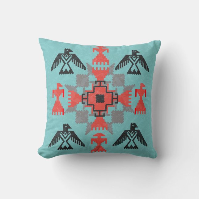 Navajo style ethnic ornament with birds and abstra throw pillow (Front)