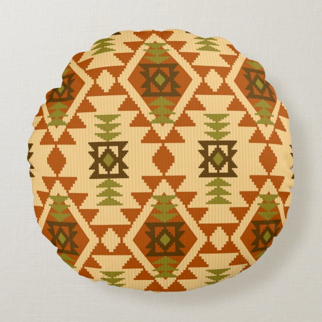Navajo style ethnic tribal geometric seamless Vint Round Pillow (Front)