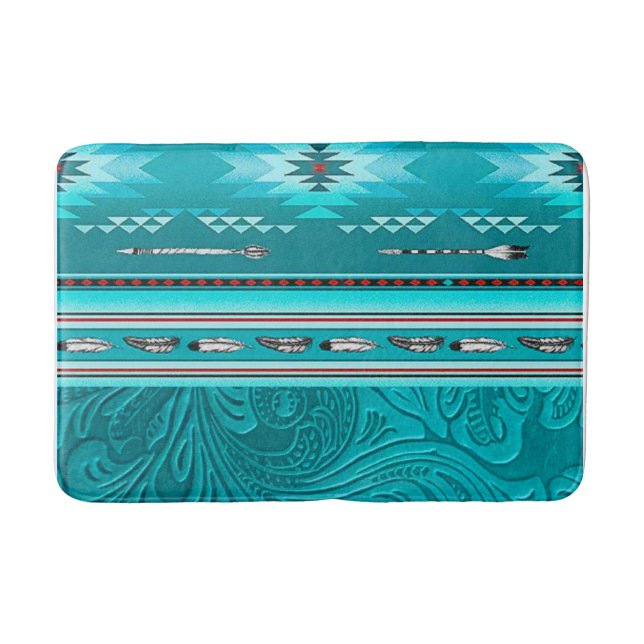 Navajo Tribal Turquoise Faux Leather Tool Bath Mat (Front)