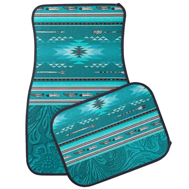 Navajo Tribal Turquoise Faux Leather Tool Car Floor Mat (Set)