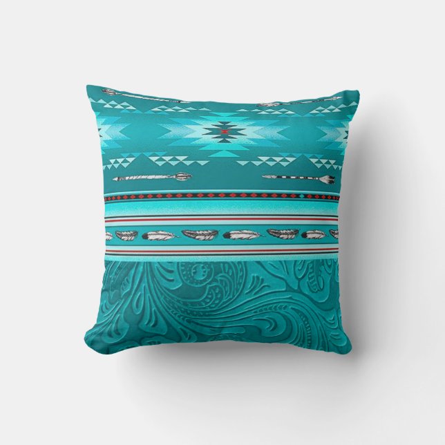 Navajo Tribal Turquoise Faux Leather Tool Throw Pillow (Front)