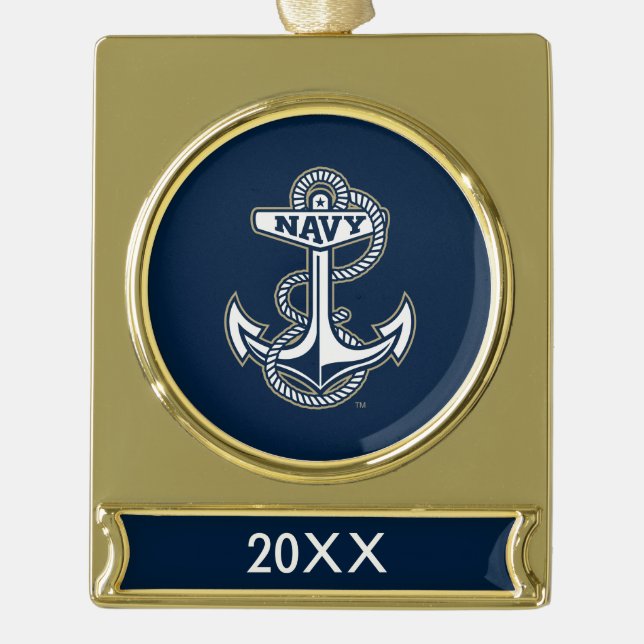 Naval Academy Anchor Gold Plated Banner Ornament (Front)