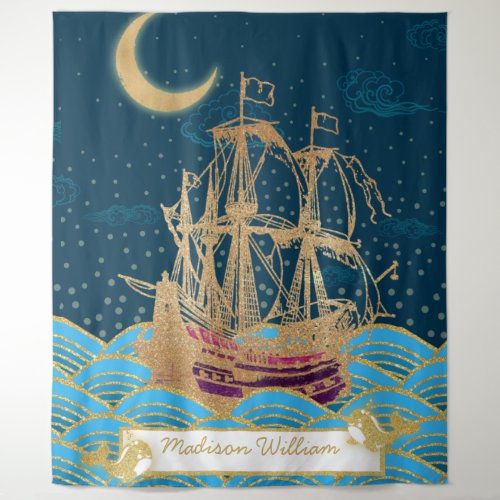 Naval Fleet Under the moonlight with little whales Tapestry