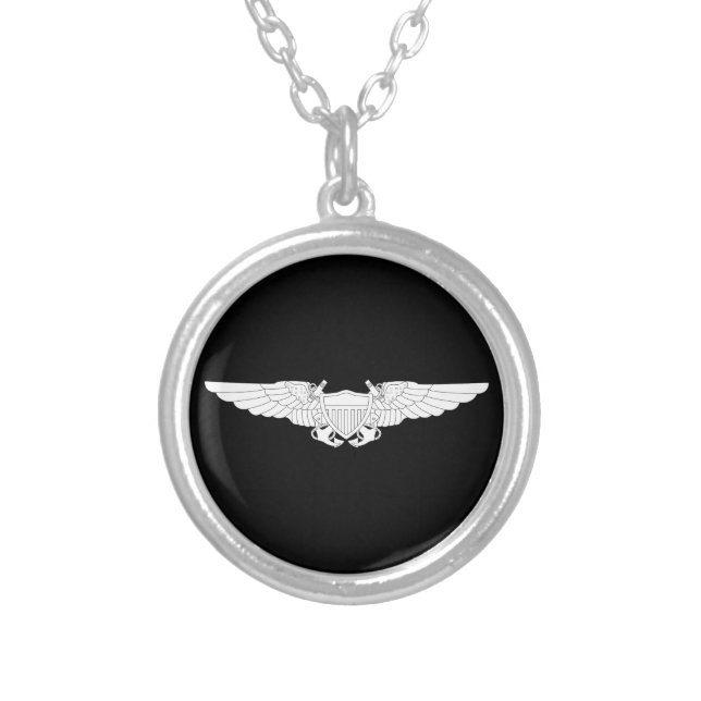 Naval Flight Officer Wings (NFO) - White Silver Plated Necklace (Front)