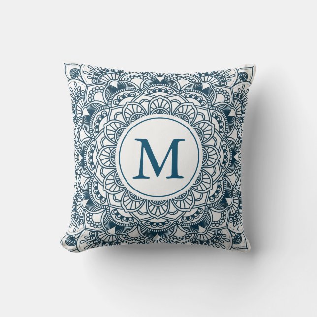 Navi blue floral mandala monogram throw pillow (Front)