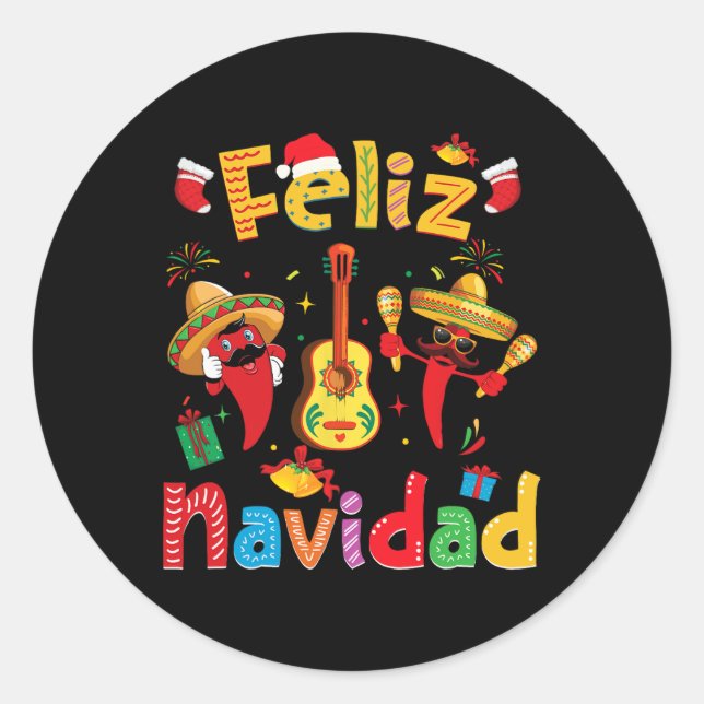 Navidad Mexican Fiesta Hot Pepper Guitar Xmas Part Classic Round Sticker (Front)