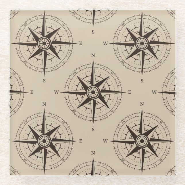 Navigation Compass Pattern Glass Coaster (Front)