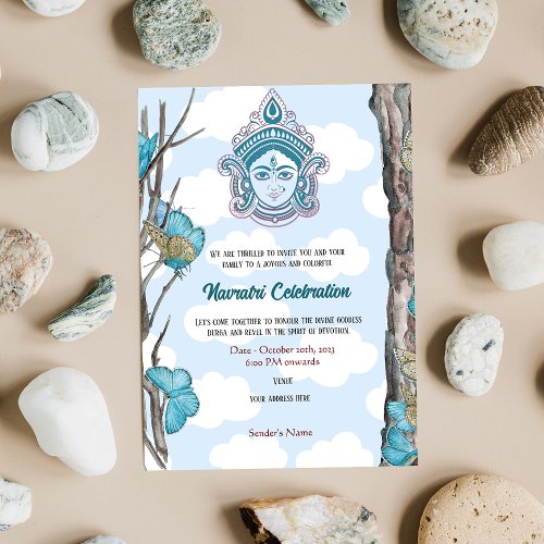 Navratri Durga Puja Celebration Sky Blue Butterfly Invitation