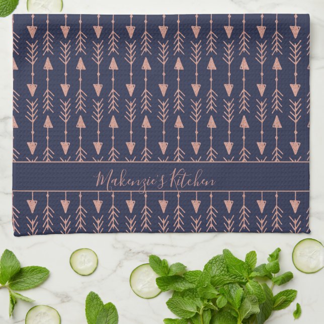 Navt Blue Rose Gold Foil Arrows | Add Your Name Kitchen Towel (Folded)