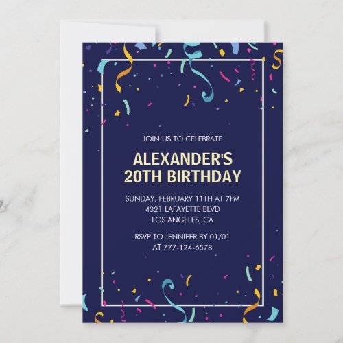 Navy 20th birthday invitations Rainbow Confetti 