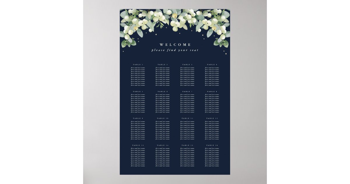 Navy 24x36" 16 Tables of 10 Seating Chart Poster Zazzle