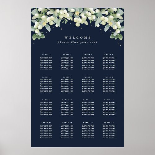 Navy 24x36 16 Tables of 8 Seating Chart Poster