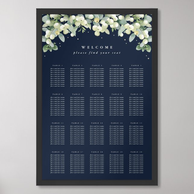 Navy 24x36" 20 Tables of 10 Seating Chart Poster (Framed Front)