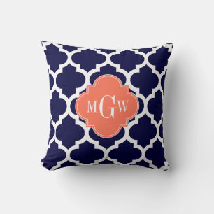 Navy 33a Wht Moroccan #5 Coral 3 Initial Monogram Throw Pillow