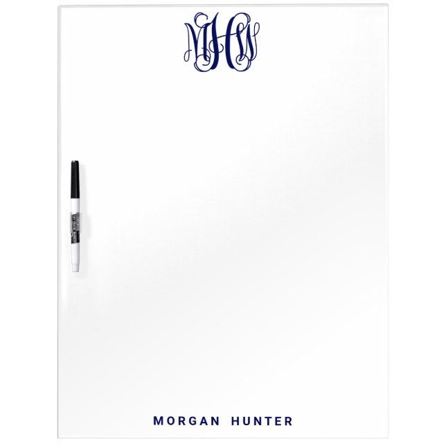 Navy 3 Initial Vine Script Monogram DIY BG Dry Erase Board (Front)