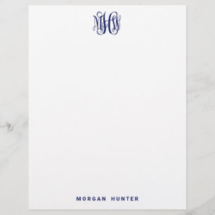 Navy 3 Initial Vine Script Monogram DIY BG Letterhead