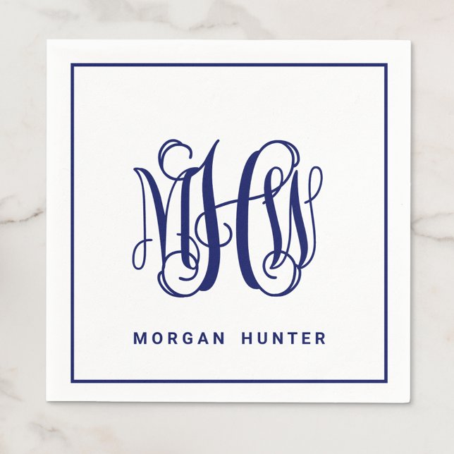 Navy 3 Initial Vine Script Monogram DIY BG Napkins (Creator Uploaded)