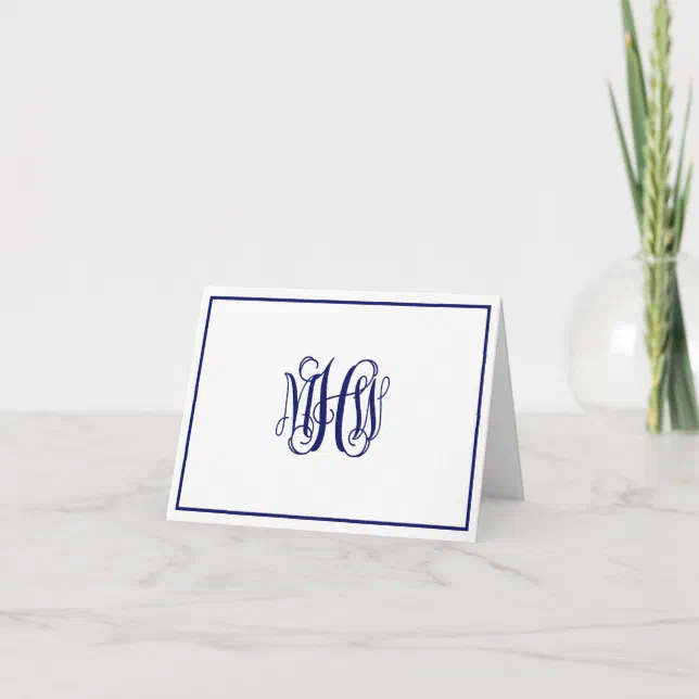 Navy 3 Initial Vine Script Monogram DIY BG Note Card | Zazzle